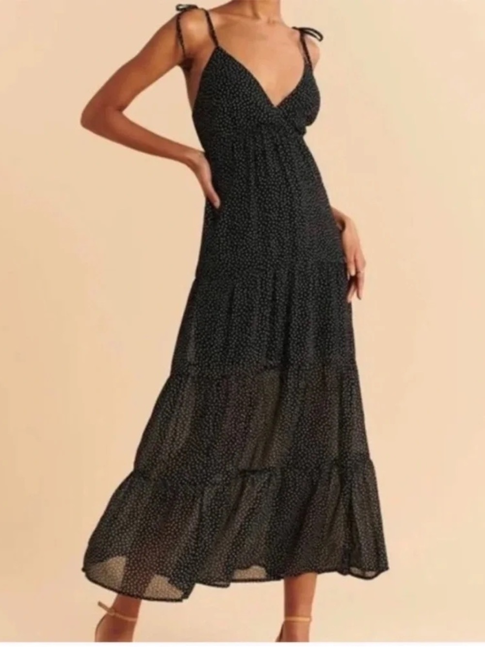 Abercrombie & Fitch Black Spotted Tie-Shoulder Maxi Dress